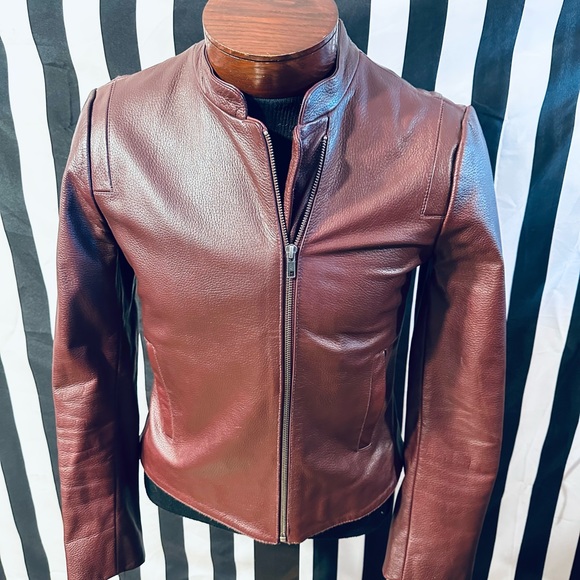 REISS Vintage Leather Rounded Collar Jacket